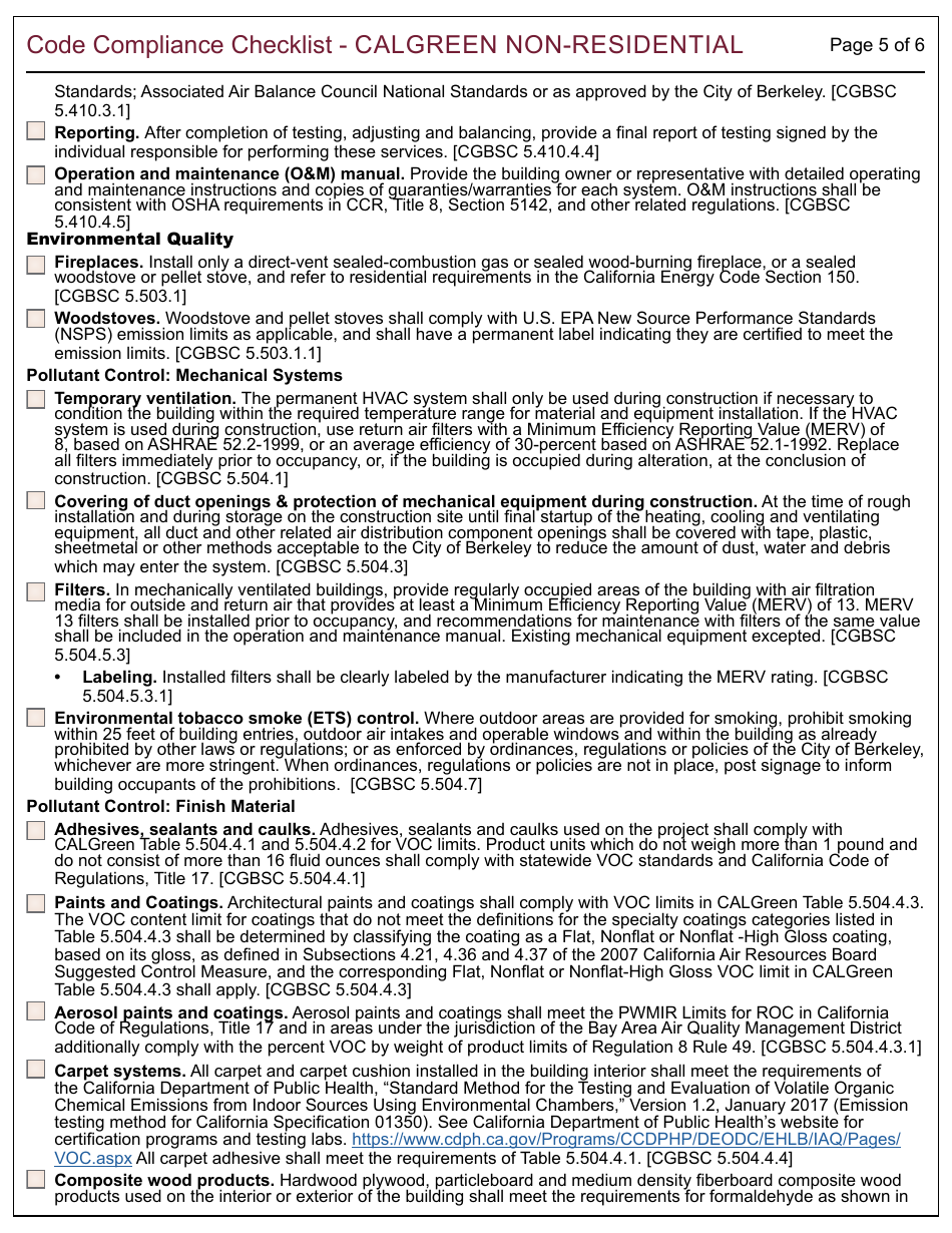 Form 165 Code Compliance Checklist - Calgreen Non-residential - City of Berkeley, California, Page 5