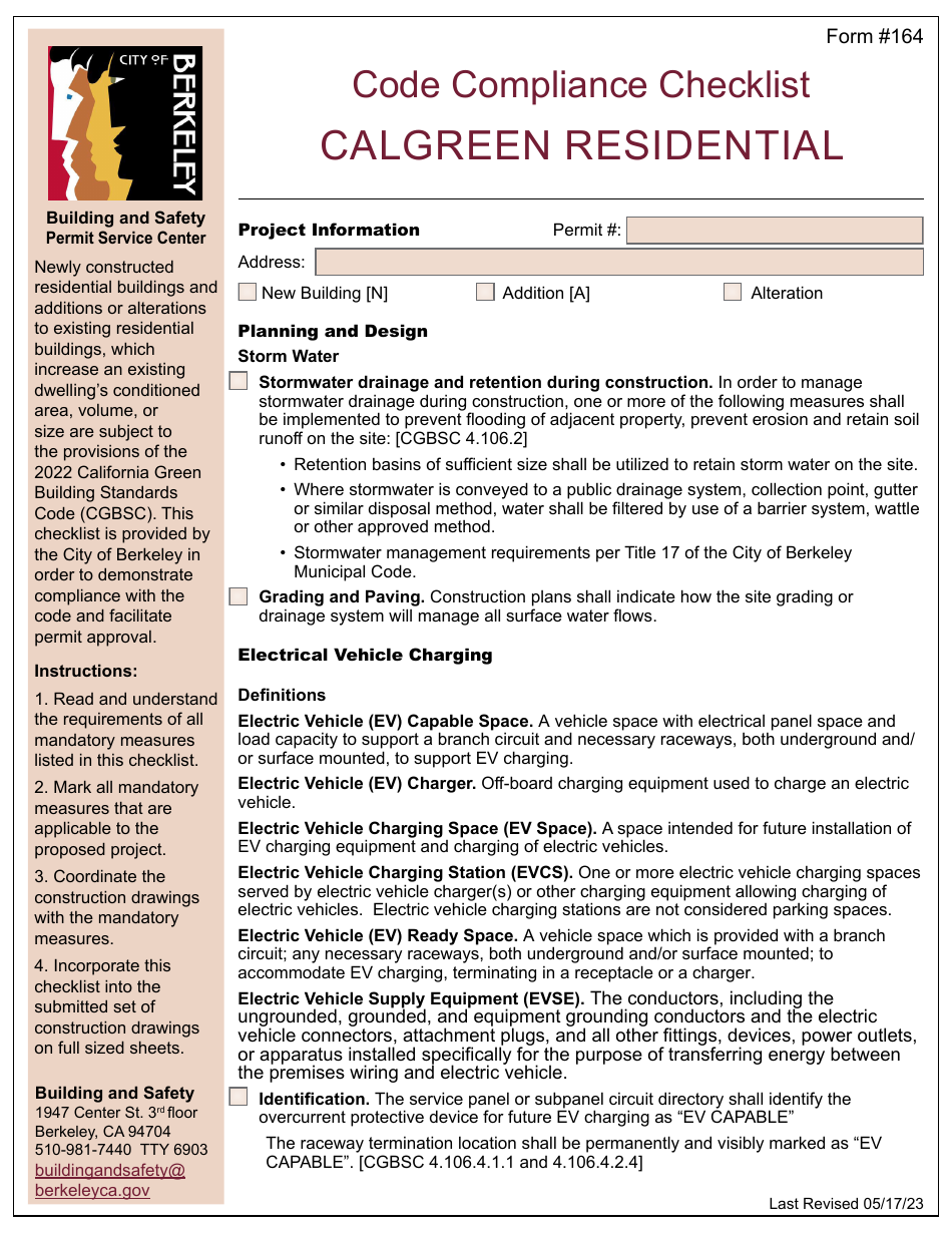 Form 164 Code Compliance Checklist - Calgreen Residential - City of Berkeley, California, Page 1