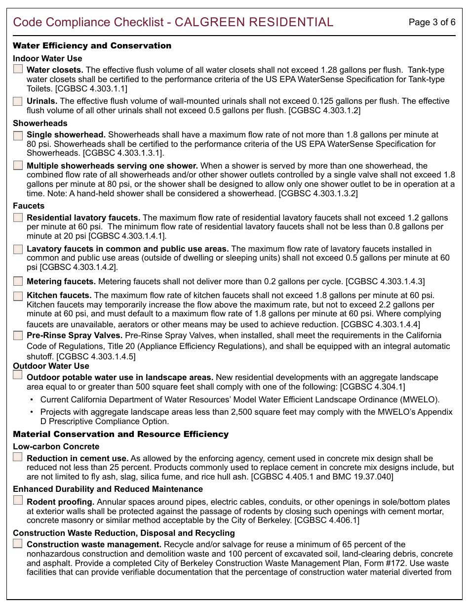 Form 164 Code Compliance Checklist - Calgreen Residential - City of Berkeley, California, Page 3