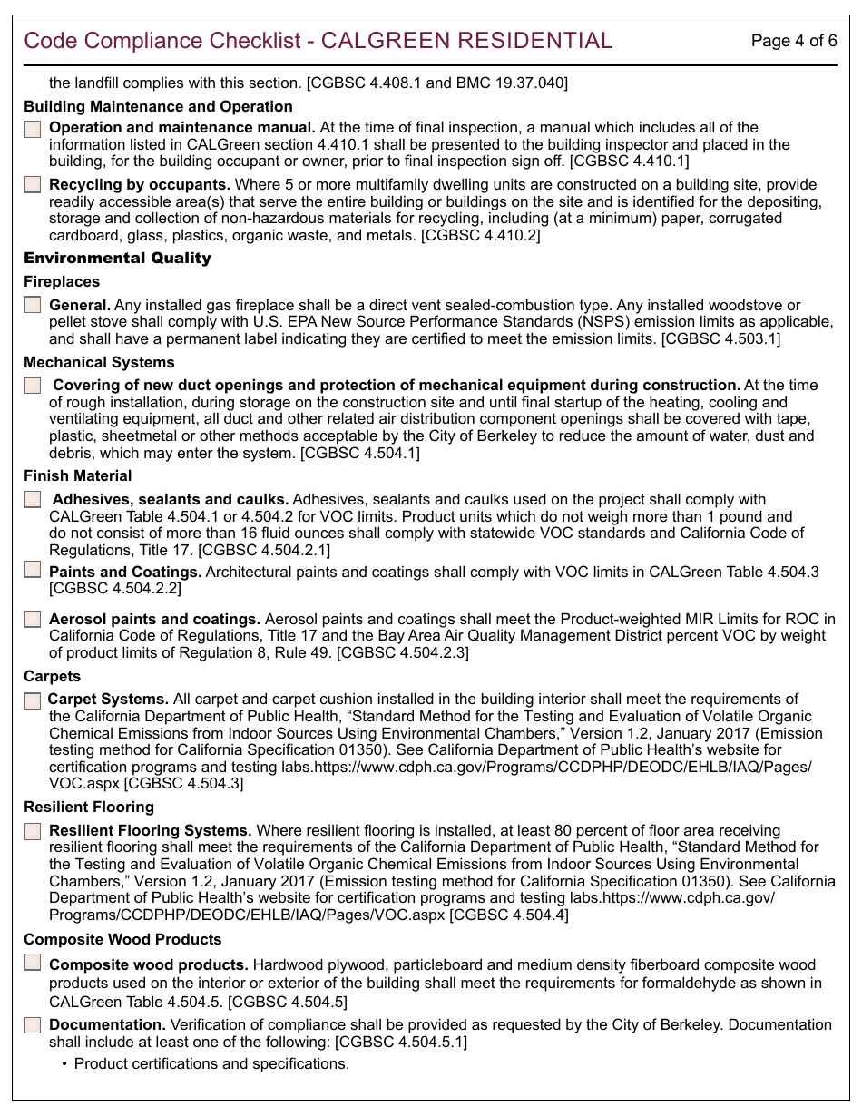 Form 164 Code Compliance Checklist - Calgreen Residential - City of Berkeley, California, Page 4