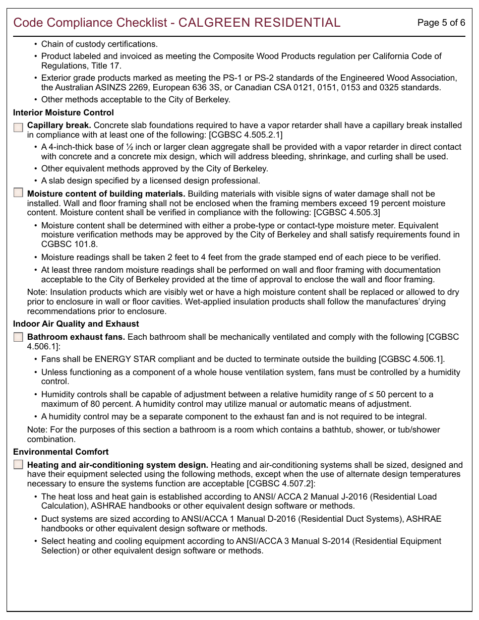 Form 164 Code Compliance Checklist - Calgreen Residential - City of Berkeley, California, Page 5