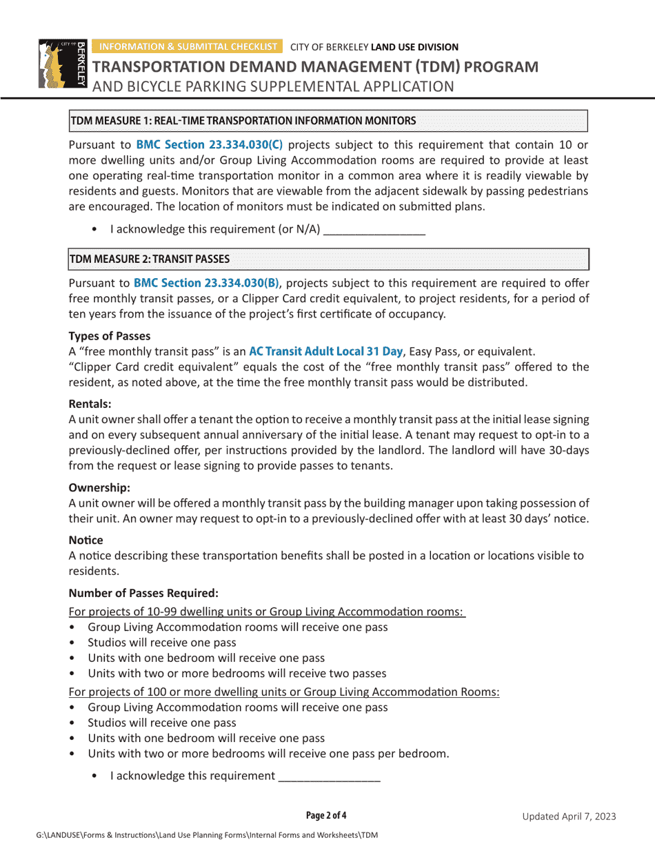 Transportation Demand Management (Tdm) Program and Bicycle Parking Supplemental Application - City of Berkeley, California, Page 2