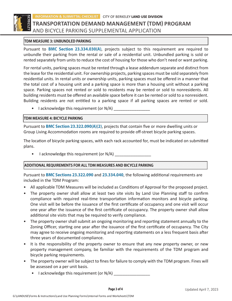 Transportation Demand Management (Tdm) Program and Bicycle Parking Supplemental Application - City of Berkeley, California, Page 3