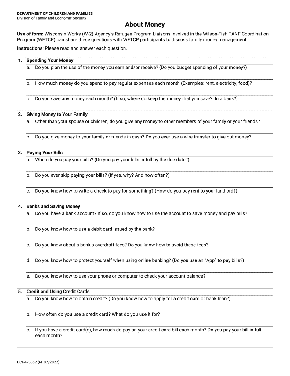 Form DCF-F-5562 About Money - Wisconsin, Page 1