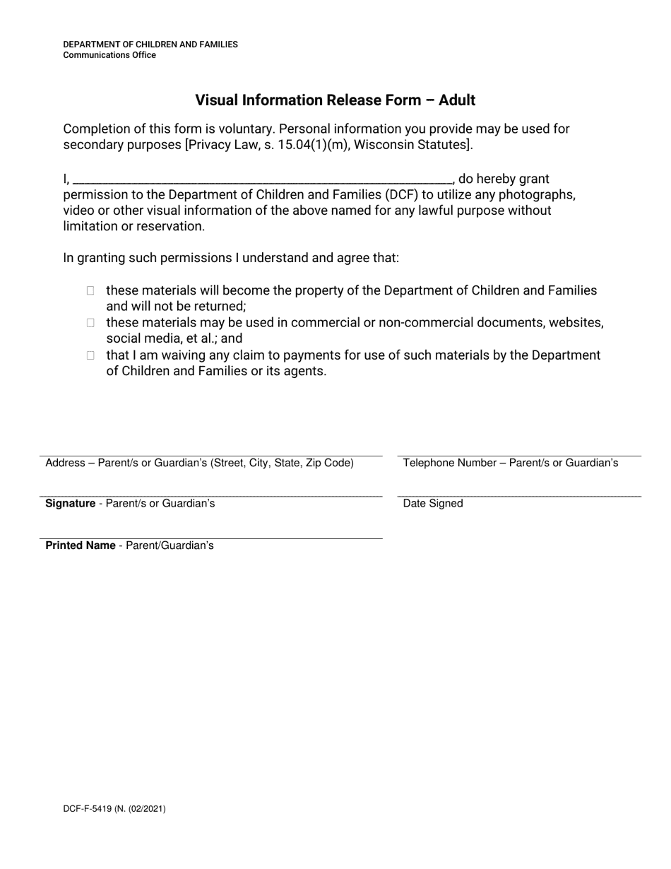 Form DCF-F-5419 Visual Information Release Form - Adult - Wisconsin, Page 1