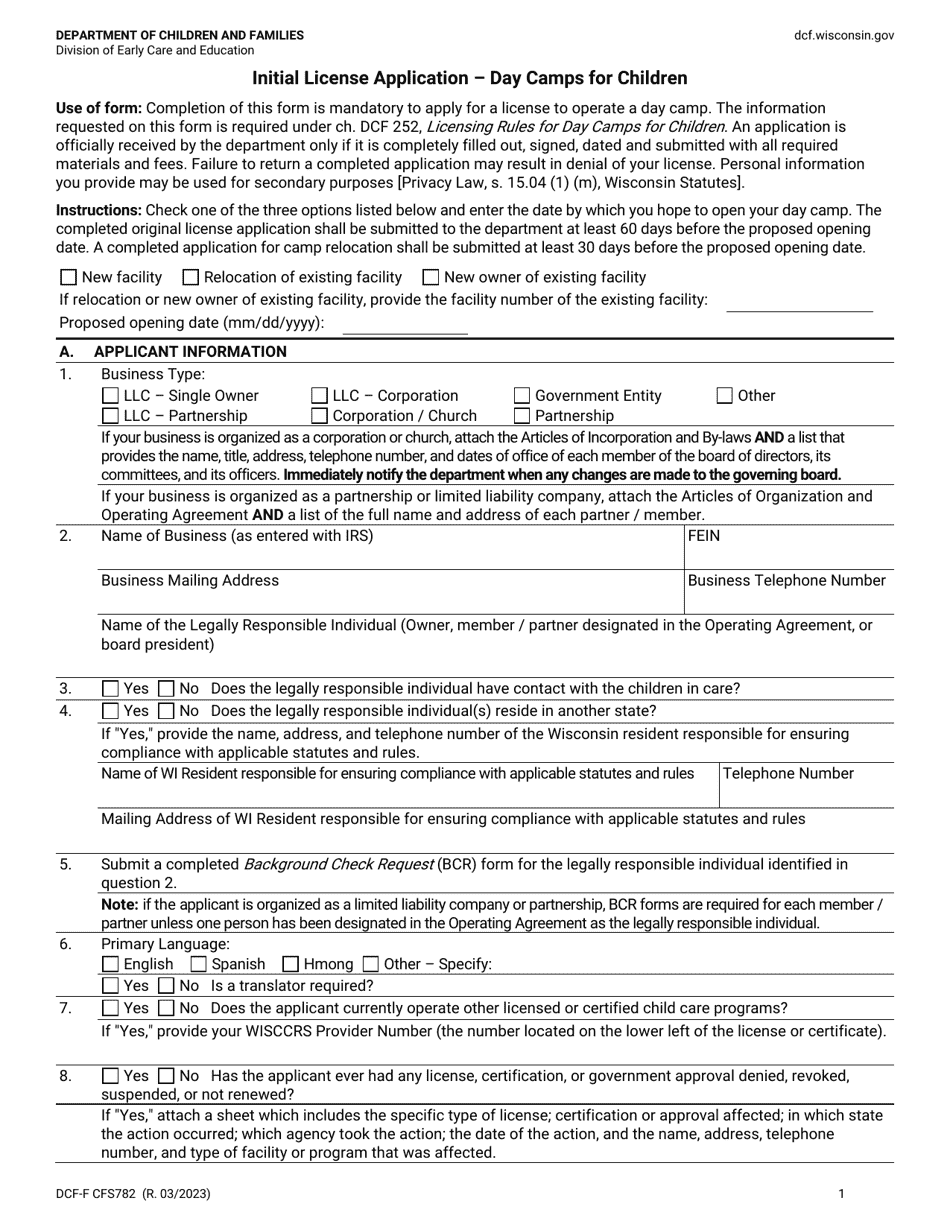 Form DCF-F-CFS782 - Fill Out, Sign Online and Download Printable PDF ...