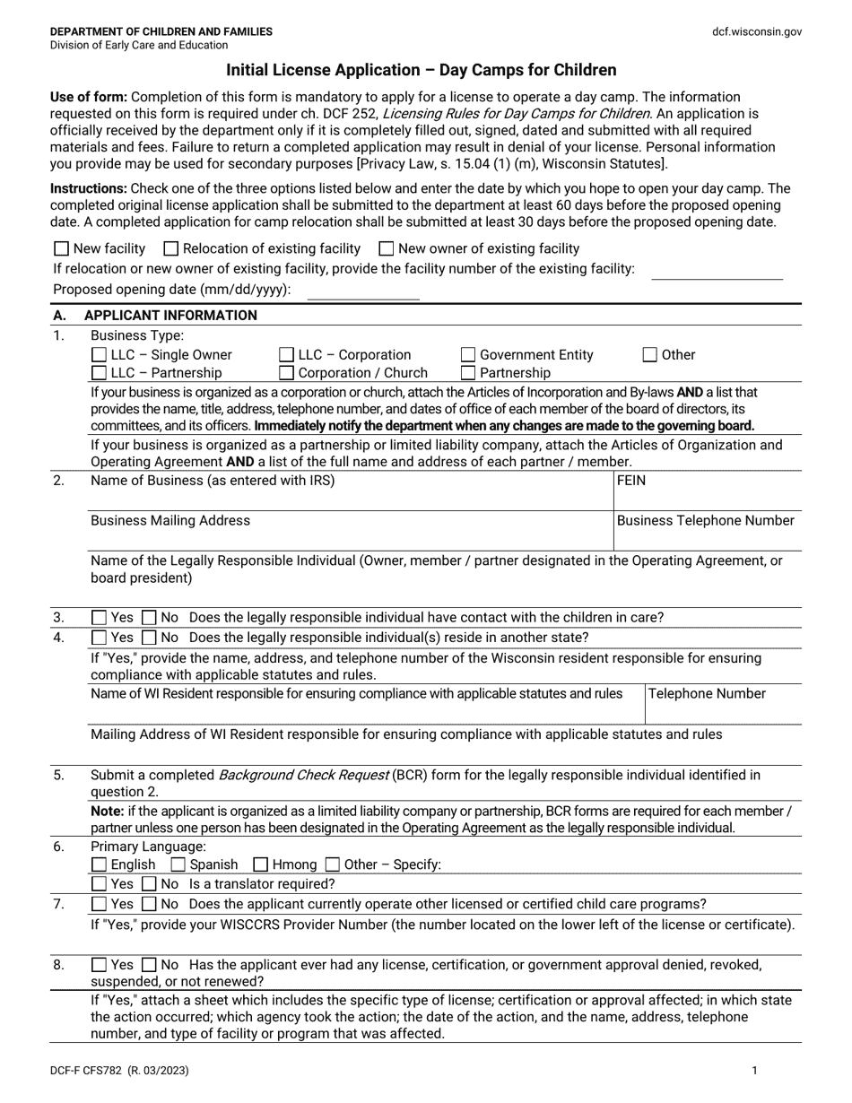 Form DCF-F-CFS782 Initial License Application - Day Camps for Children - Wisconsin, Page 1