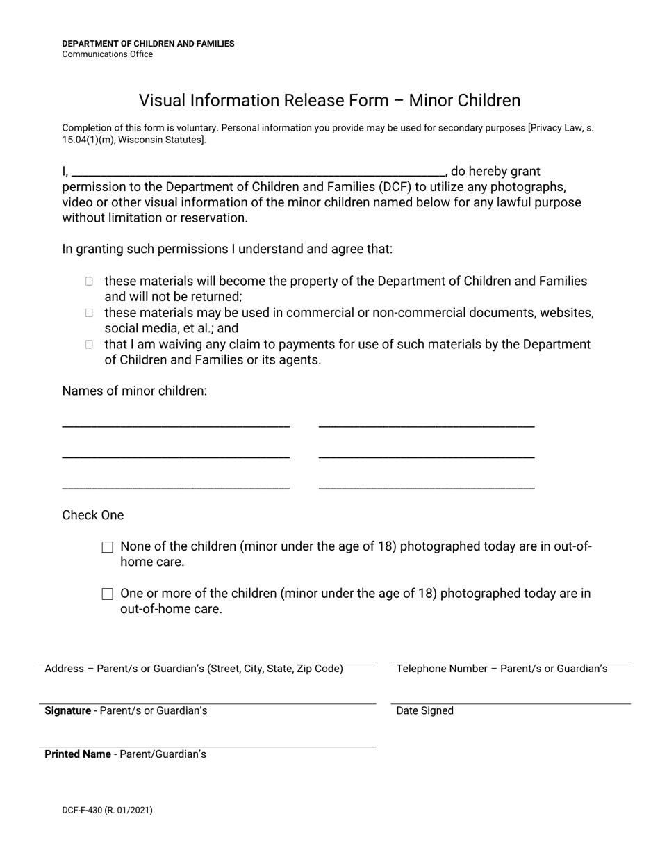 Form DCF-F-430 Visual Information Release Form - Minor Children - Wisconsin, Page 1