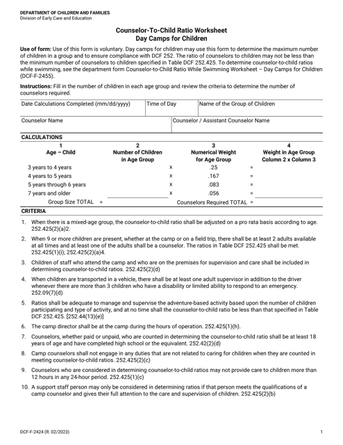 Form DCF-F-2424 Counselor-To-Child Ratio Worksheet - Day Camps for Children - Wisconsin