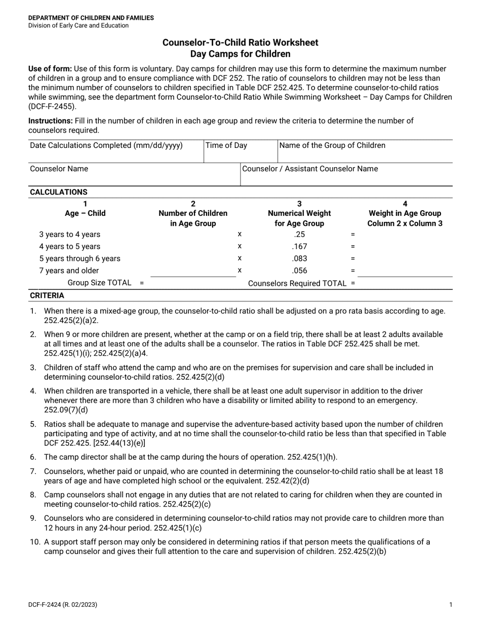 Form DCF-F-2424 Counselor-To-Child Ratio Worksheet - Day Camps for Children - Wisconsin, Page 1