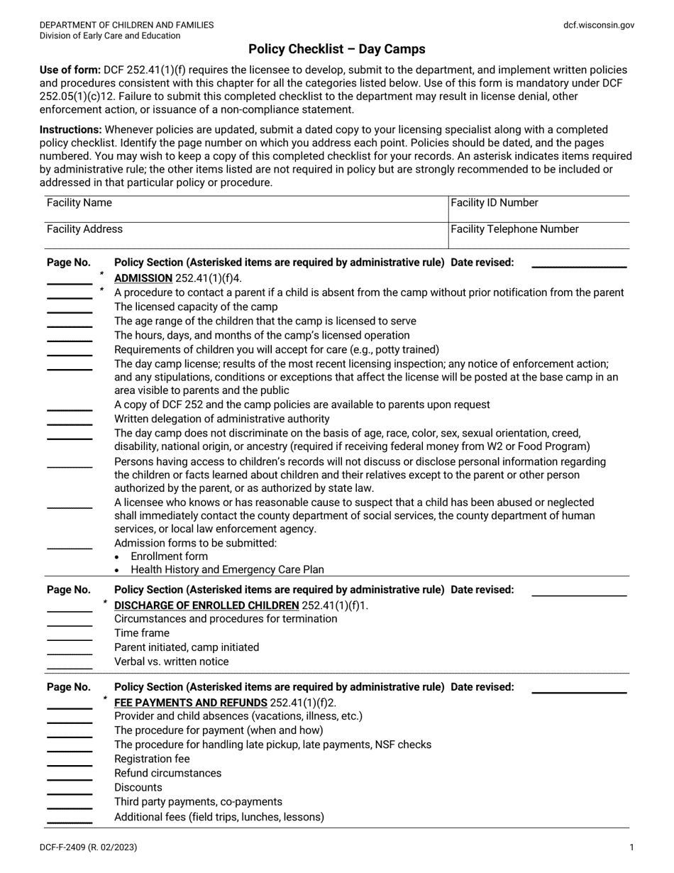 Form DCF-F-2409 Policy Checklist - Day Camps - Wisconsin, Page 1