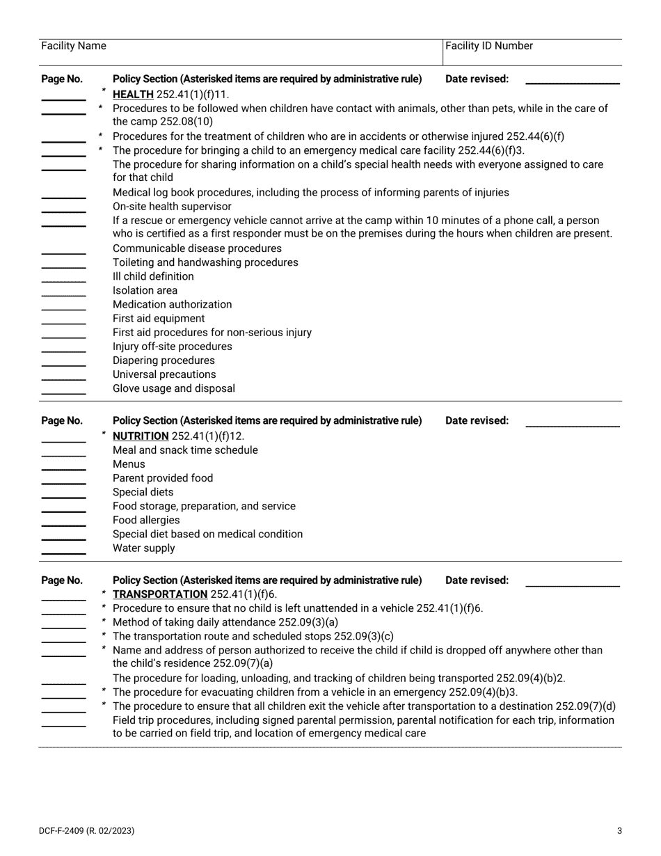 Form DCF-F-2409 Policy Checklist - Day Camps - Wisconsin, Page 3