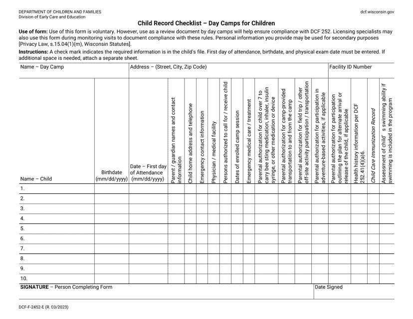 Form DCF-F-2452-E Child Record Checklist - Day Camps for Children - Wisconsin