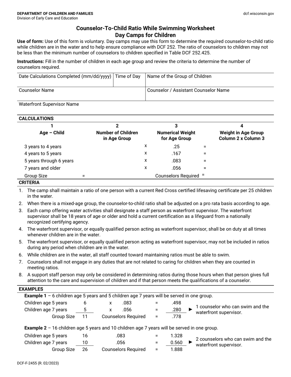 Form DCF-F-2455 Counselor-To-Child Ratio While Swimming Worksheet - Day Camps for Children - Wisconsin, Page 1