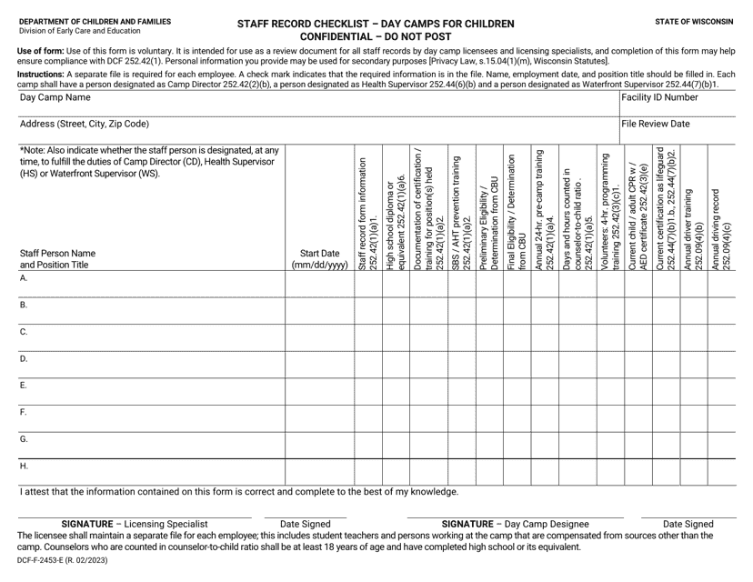Form DCF-F-2453-E Staff Record Checklist - Day Camps for Children - Wisconsin