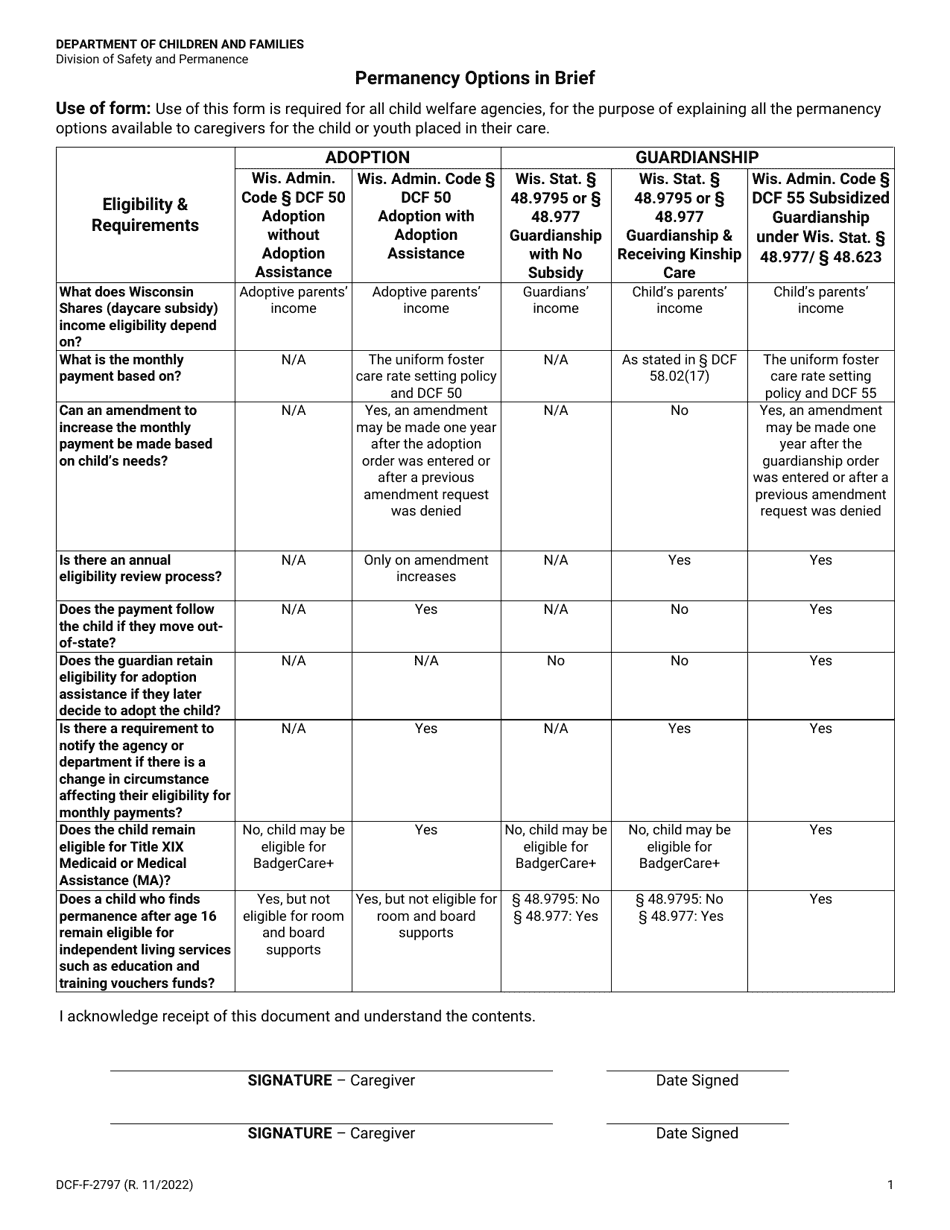 Form DCF-F-2797 Permanency Options in Brief - Wisconsin, Page 1