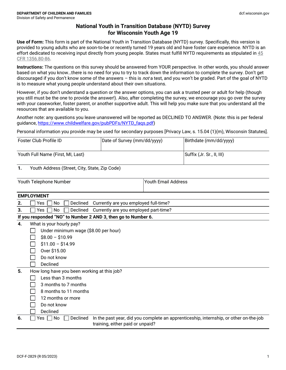 Form DCF-F-2829 National Youth in Transition Database (Nytd) Survey for Wisconsin Youth Age 19 - Wisconsin, Page 1