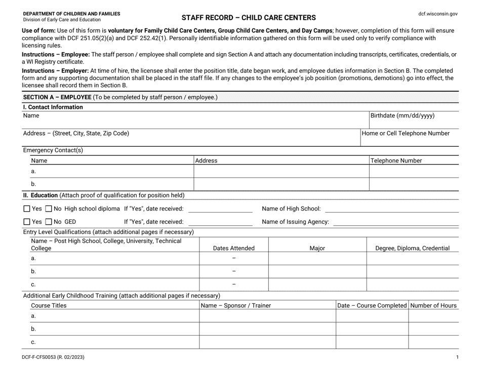 Form DCF-F-CFS0053 Staff Record - Child Care Centers - Wisconsin, Page 1