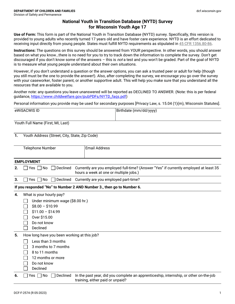 Form DCF-F-2574 National Youth in Transition Database (Nytd) Survey for Wisconsin Youth Age 17 - Wisconsin, Page 1