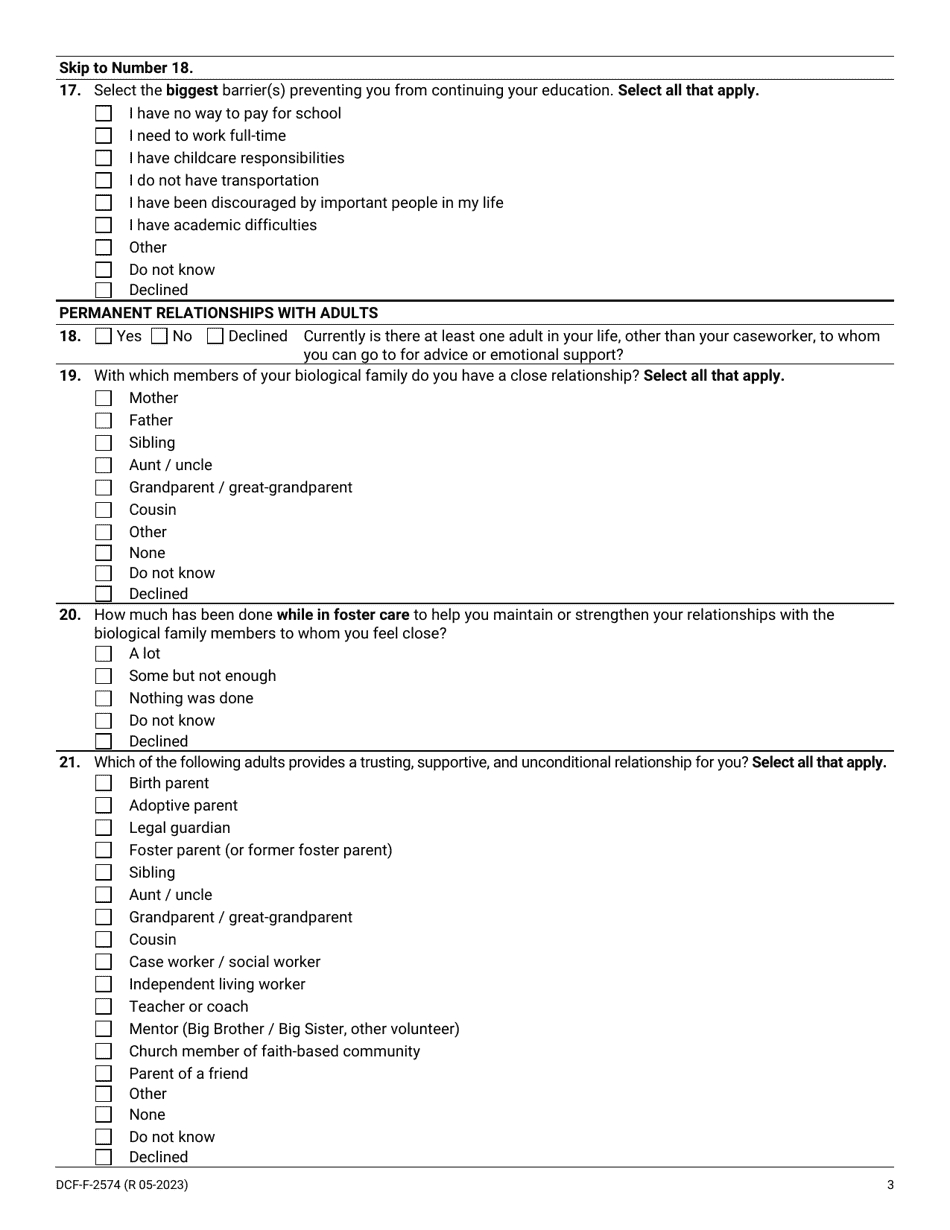 Form DCF-F-2574 National Youth in Transition Database (Nytd) Survey for Wisconsin Youth Age 17 - Wisconsin, Page 3