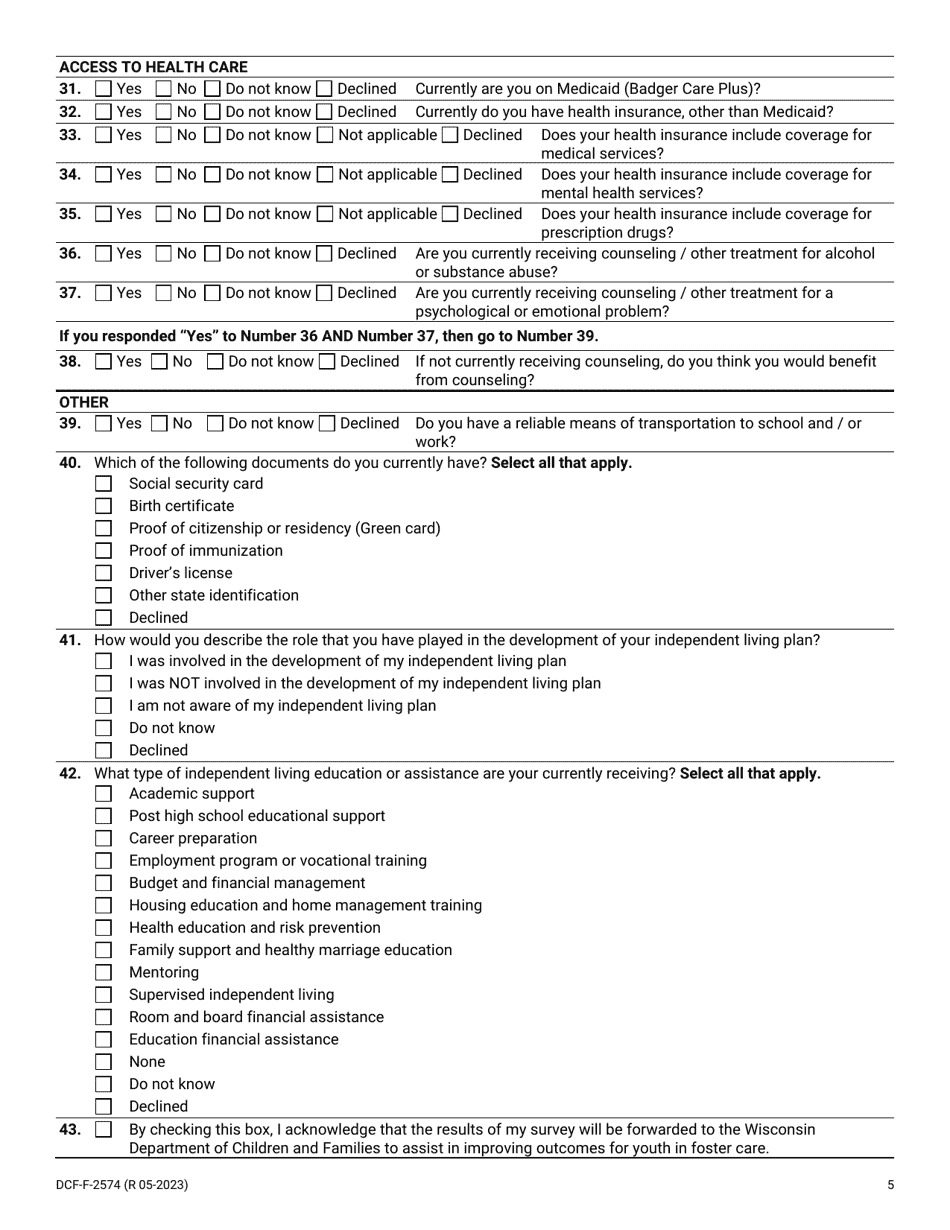 Form DCF-F-2574 Download Printable PDF or Fill Online National Youth in ...