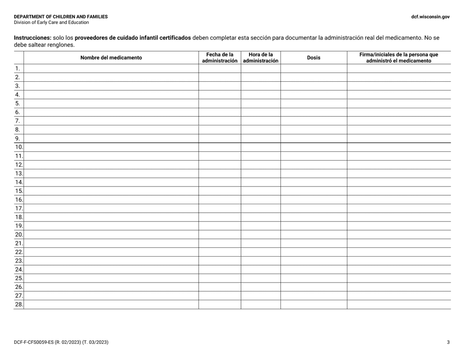 Formulario DCF-F-CFS0059-ES Autorizacion Para Administrar Medicamentos - Child Care Centers (Centros De Cuidado Infantil) - Wisconsin (Spanish), Page 3
