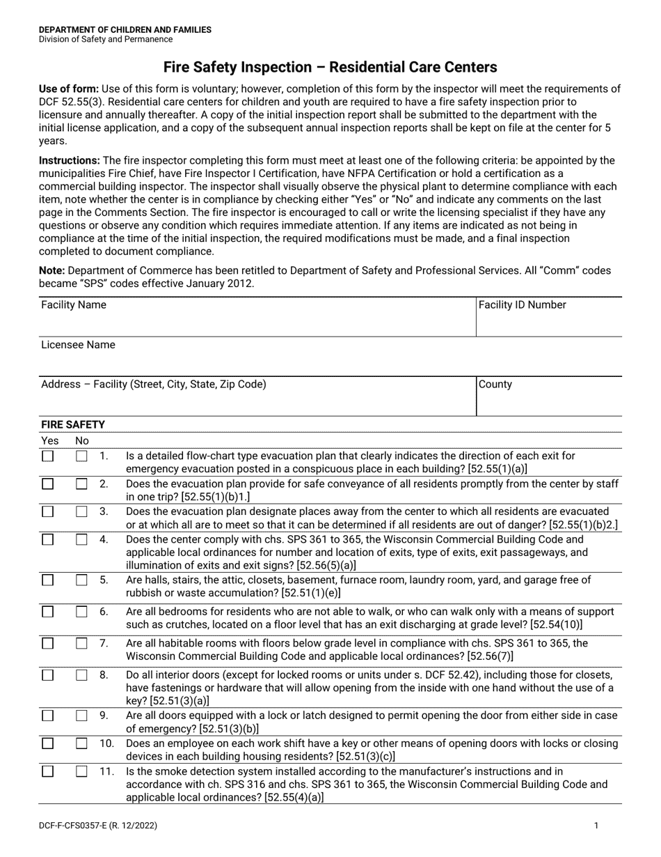 Form DCF-F-CFS0357-E Fire Safety Inspection - Residential Care Centers - Wisconsin, Page 1