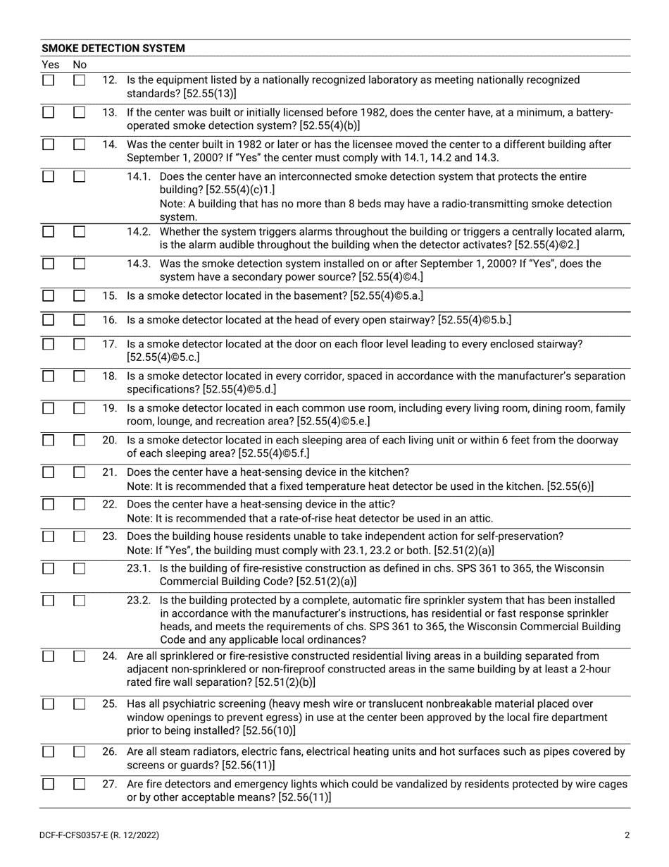 Form DCF-F-CFS0357-E Fire Safety Inspection - Residential Care Centers - Wisconsin, Page 2
