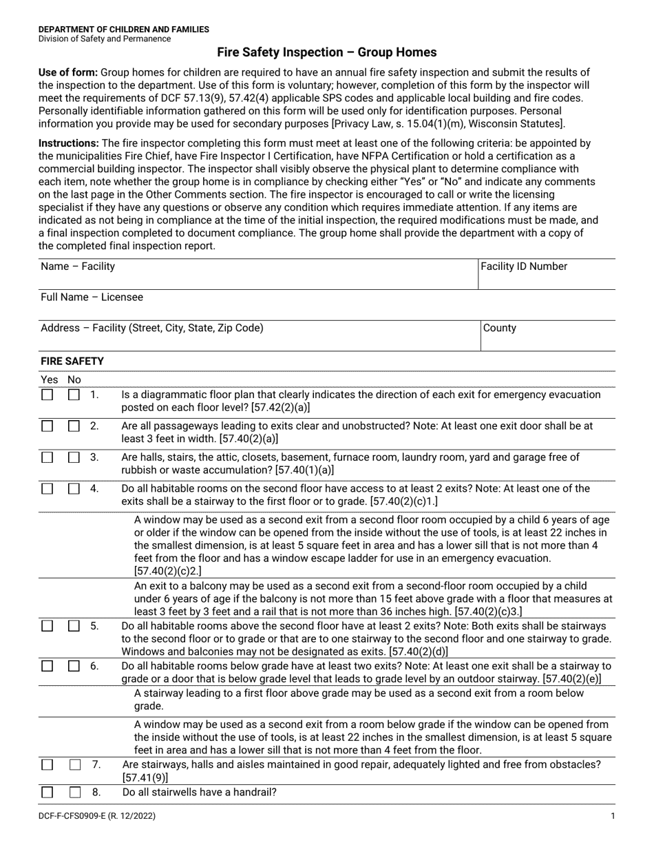 Form DCF-F-CFS0909-E Fire Safety Inspection - Group Homes - Wisconsin, Page 1