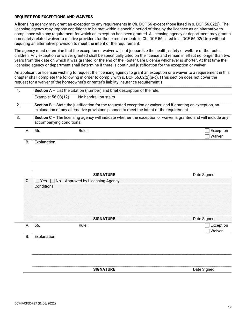 Form DCF-F-CFS0787 Download Printable PDF or Fill Online Child Foster ...