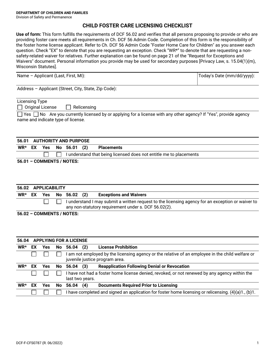 Form DCF-F-CFS0787 Child Foster Care Licensing Checklist - Wisconsin, Page 1