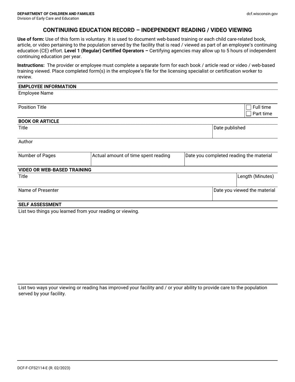 Form DCF-F-CFS2114-E Continuing Education Record - Independent Reading / Video Viewing - Wisconsin, Page 1