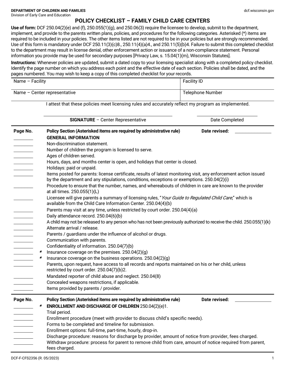 Form DCF-F-CFS2356 Policy Checklist - Family Child Care Centers - Wisconsin, Page 1