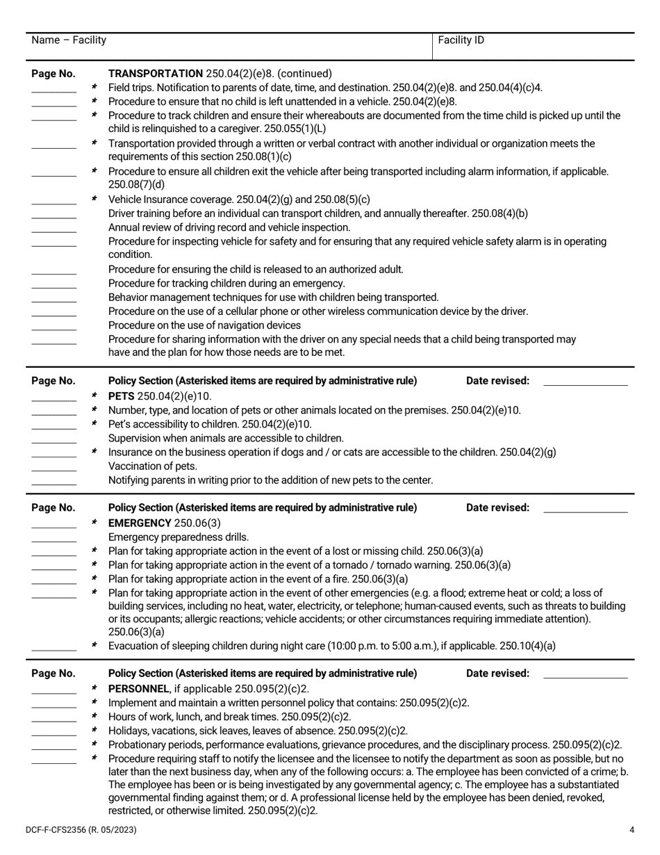 Form DCF-F-CFS2356 Policy Checklist - Family Child Care Centers - Wisconsin, Page 4