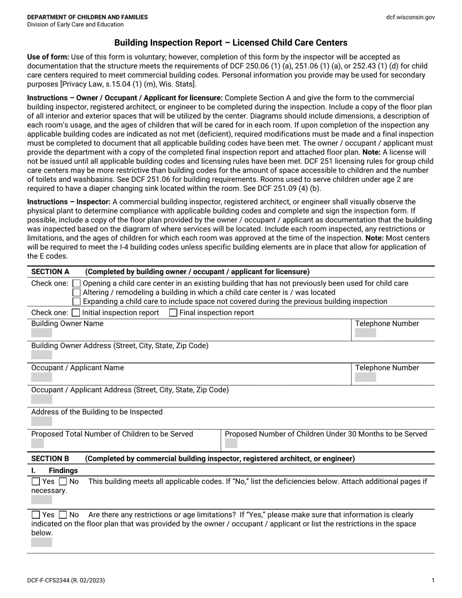 Form DCF-F-CFS2344 Building Inspection Report - Licensed Child Care Centers - Wisconsin, Page 1
