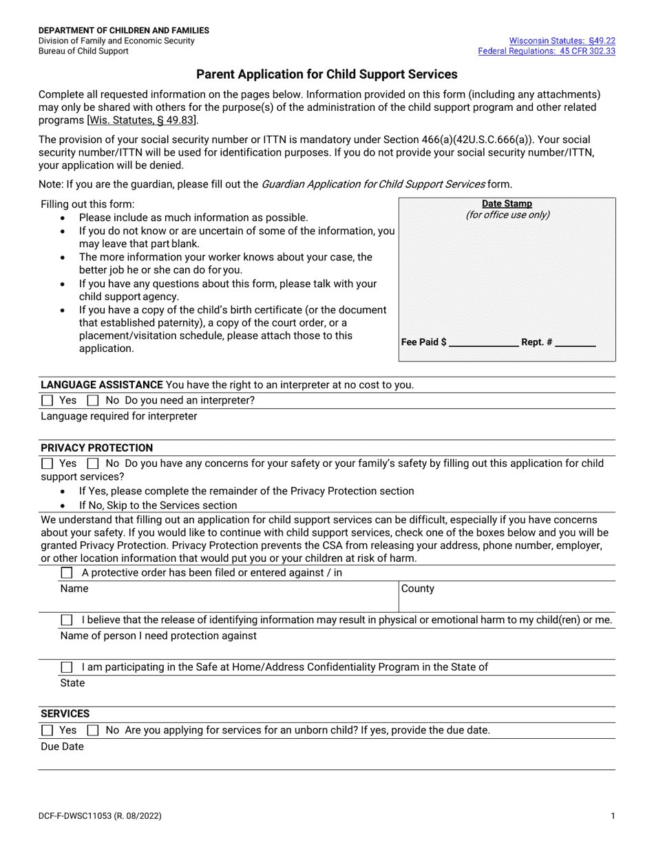 Form DCF-F-DWSC11053 Parent Application for Child Support Services - Wisconsin, Page 1