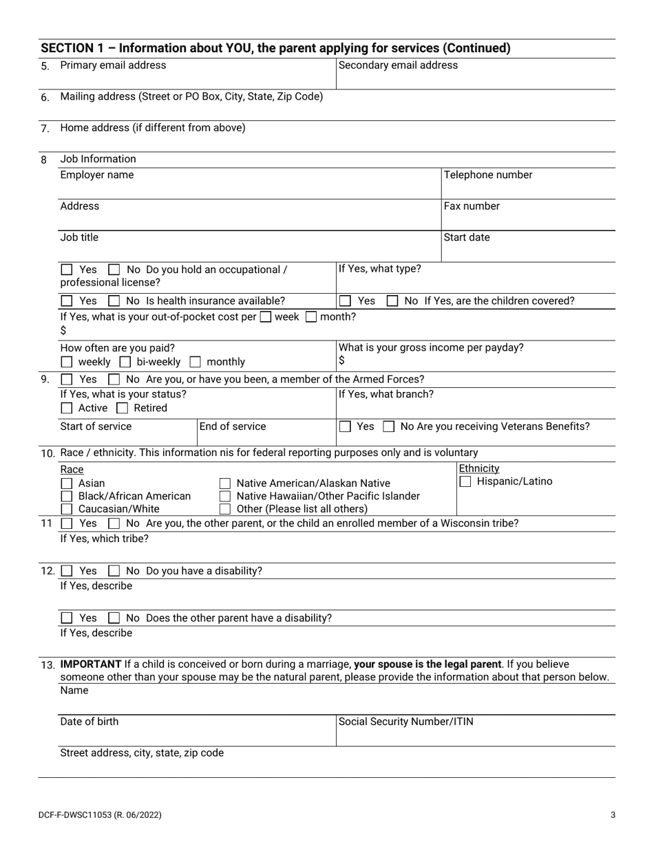 Form DCF-F-DWSC11053 Parent Application for Child Support Services - Wisconsin, Page 3