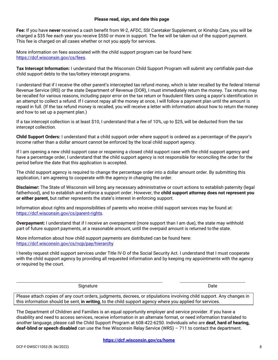 Form DCF-F-DWSC11053 Parent Application for Child Support Services - Wisconsin, Page 8