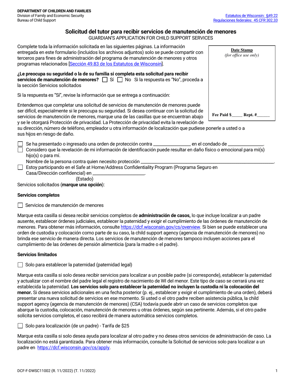 Formulario DCF-F-DWSC11002-S Solicitud Del Tutor Para Recibir Servicios De Manutencion De Menores - Wisconsin (Spanish), Page 1