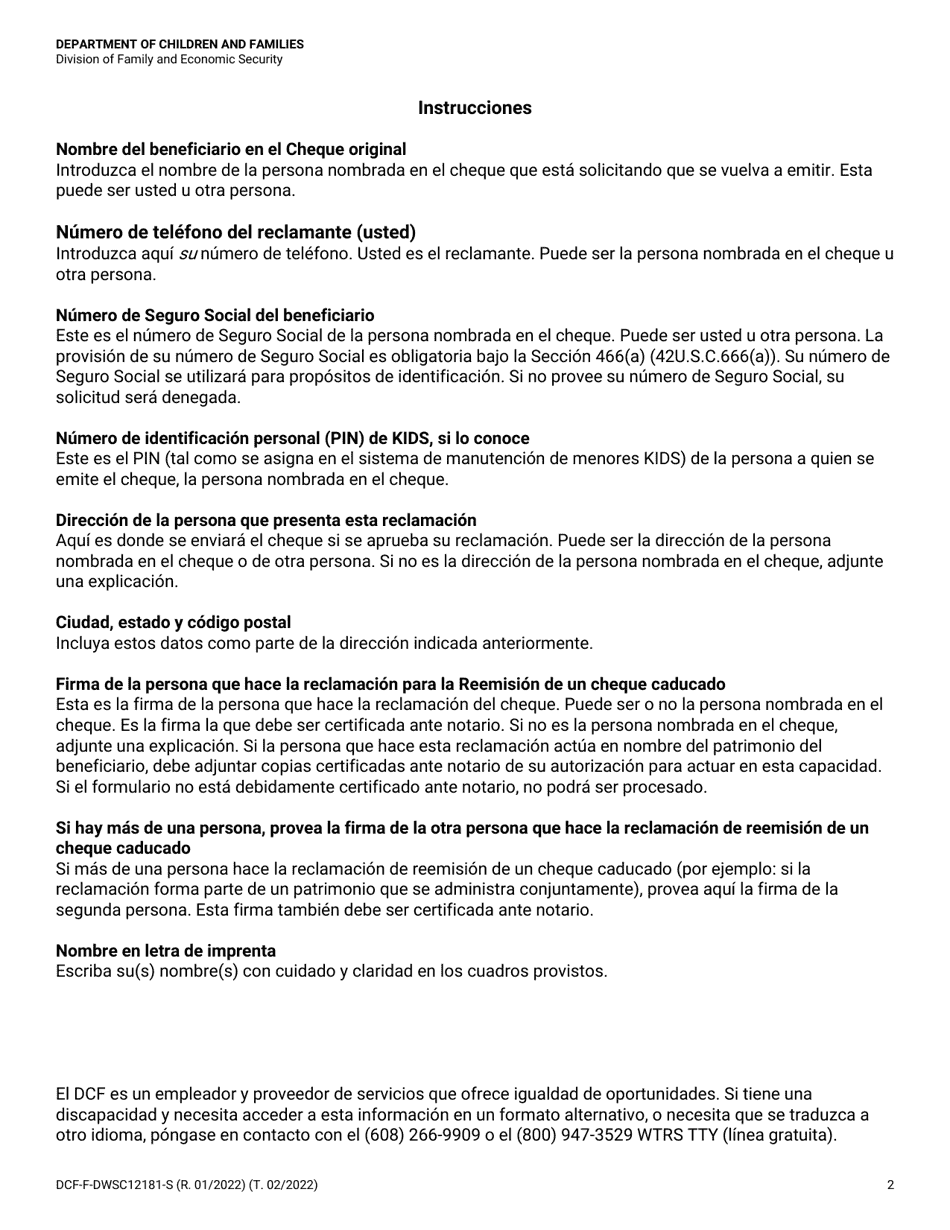 Formulario DCF-F-DWSC12181-S Solicitud De Reemision De Un Cheque Caducado - Wisconsin (Spanish), Page 2