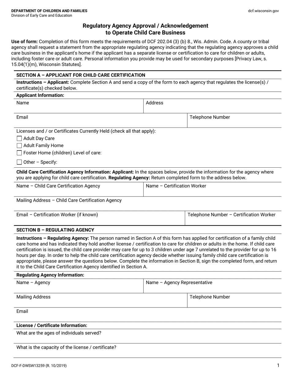 Form DCF-F-DWSW13259 Regulatory Agency Approval / Acknowledgement to Operate Child Care Business - Wisconsin, Page 1