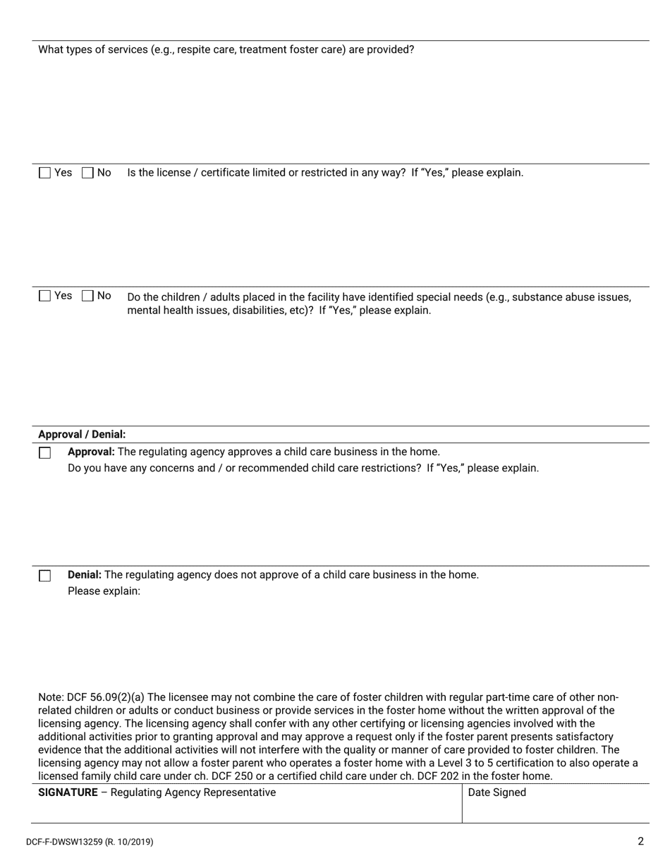 Form DCF-F-DWSW13259 Regulatory Agency Approval / Acknowledgement to Operate Child Care Business - Wisconsin, Page 2