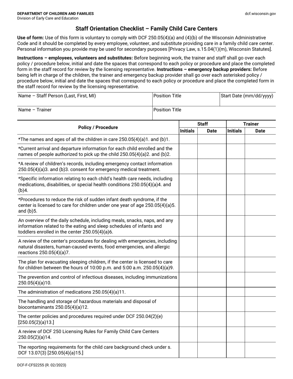 Form DCF-F-CFS2255 Staff Orientation Checklist - Family Child Care Centers - Wisconsin, Page 1