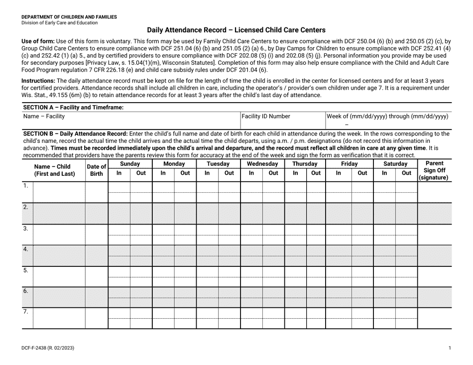 Form DCF-F-2438 Daily Attendance Record - Licensed Child Care Centers - Wisconsin, Page 1