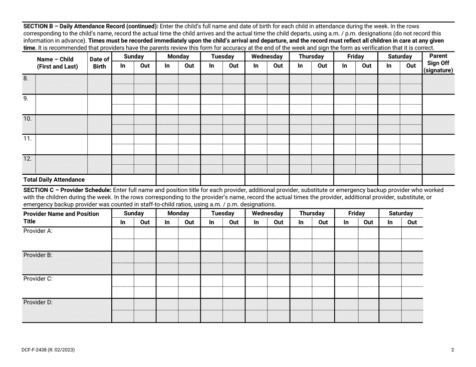 Form DCF-F-2438 Download Printable PDF or Fill Online Daily Attendance ...