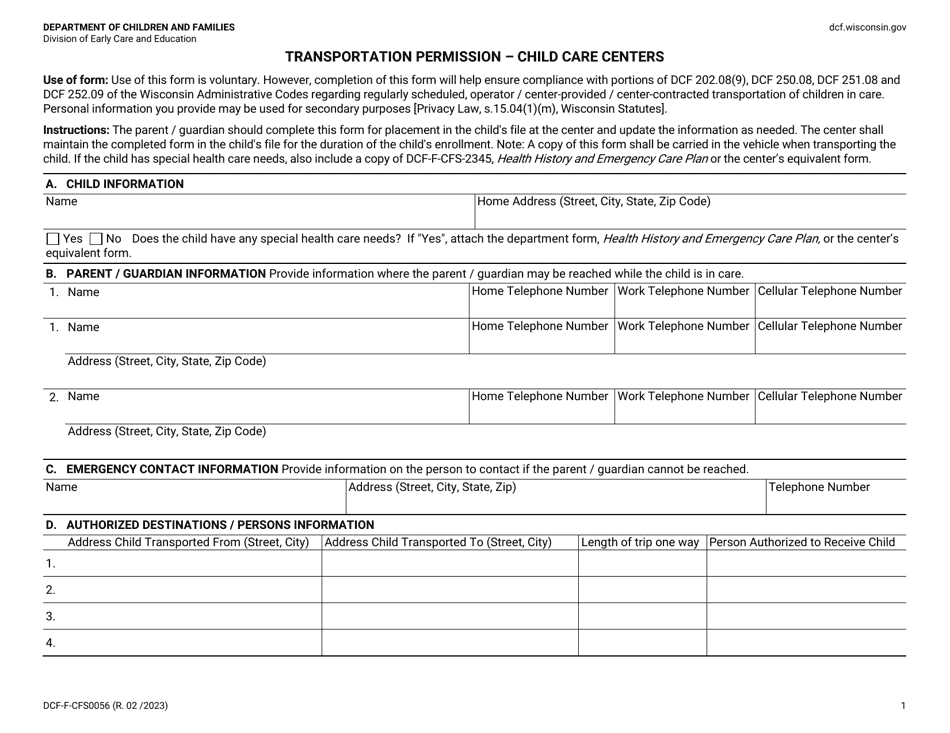 Form DCF-F-CFS0056 Transportation Permission - Child Care Centers - Wisconsin, Page 1