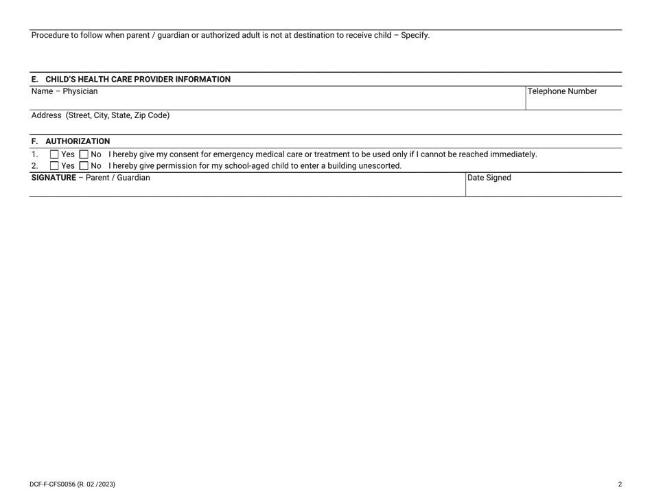 Form DCF-F-CFS0056 Transportation Permission - Child Care Centers - Wisconsin, Page 2