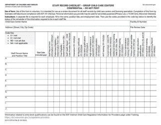 Document preview: Form DCF-F-CFS1675A Staff Record Checklist - Group Child Care Centers - Wisconsin