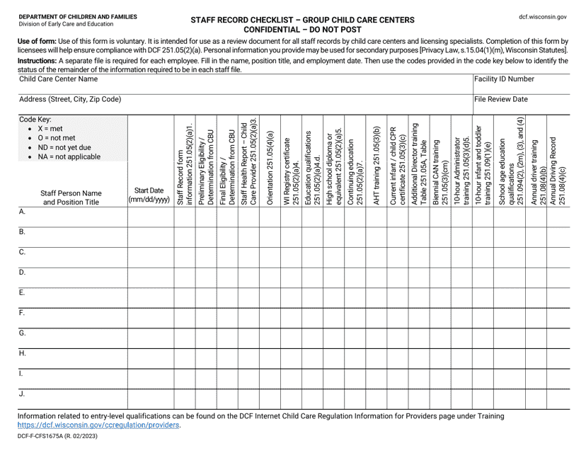 Form DCF-F-CFS1675A Staff Record Checklist - Group Child Care Centers - Wisconsin