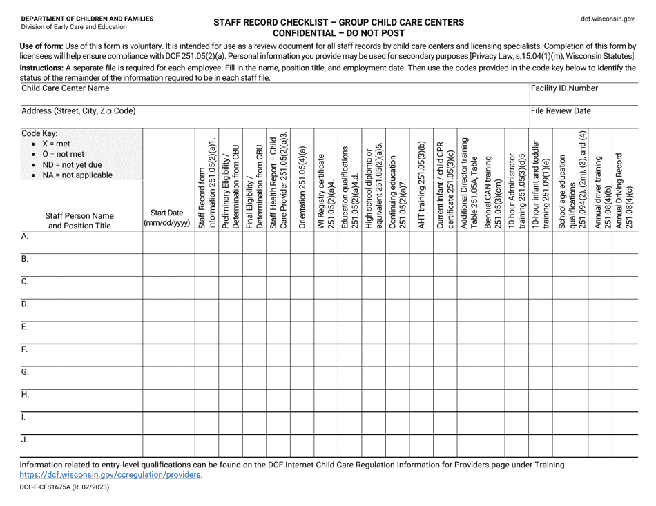 Form DCF-F-CFS1675A Staff Record Checklist - Group Child Care Centers - Wisconsin, Page 1